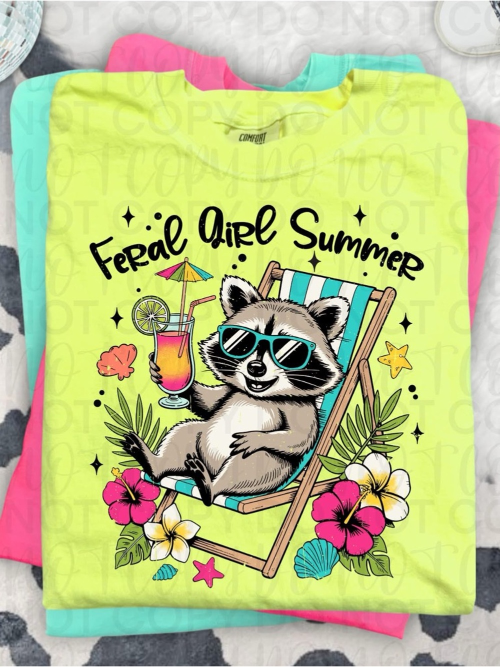 Feral Girl Summer Raccoon Graphic Tee - Neon Yellow Small-XL